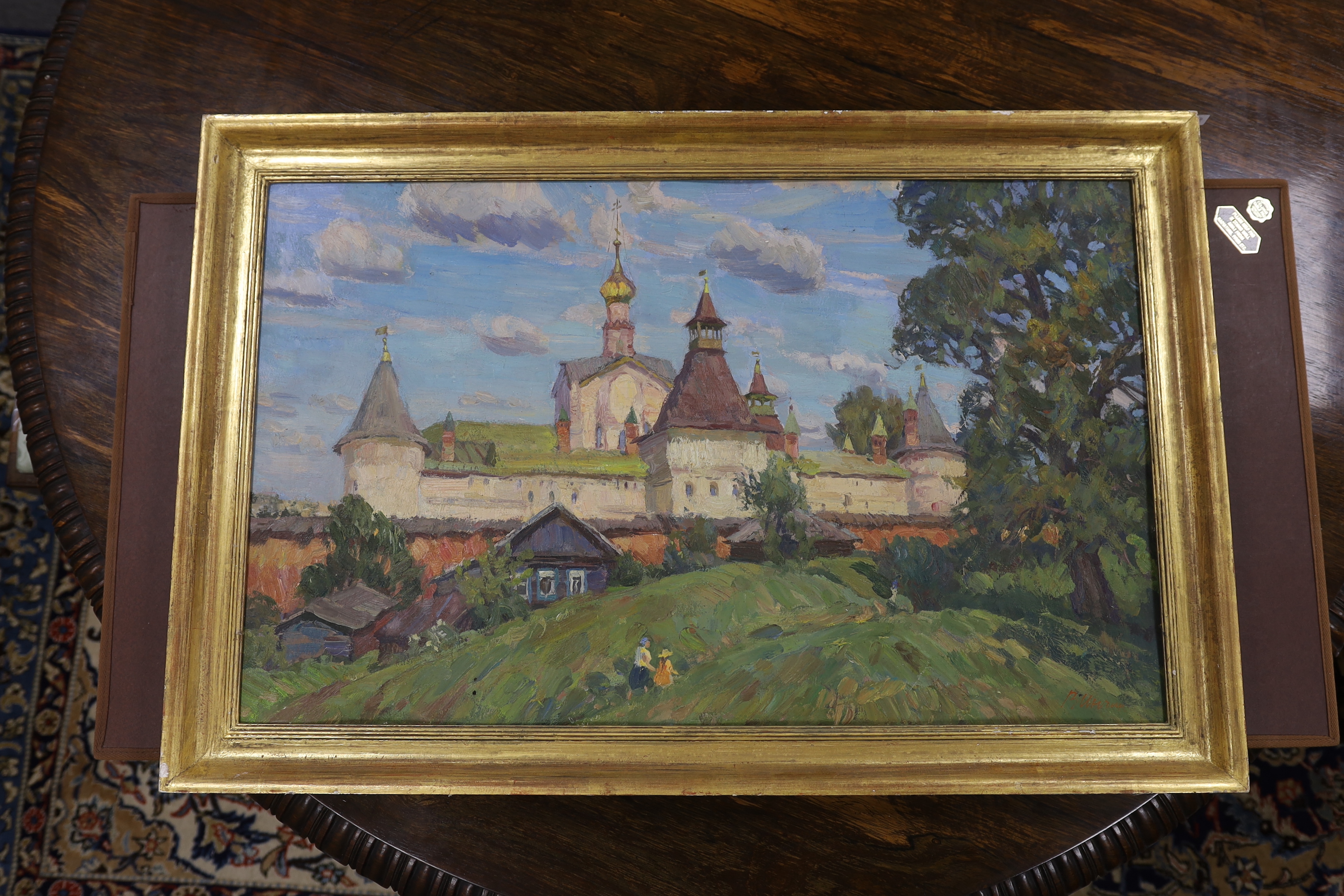 Russian school, oil on board, landscape, signed, inscribed in Cyrillic verso, 48 x 78cm